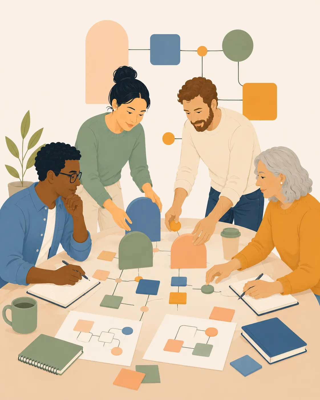 Four people collaborating around a table covered in sticky notes during a planning workshop.