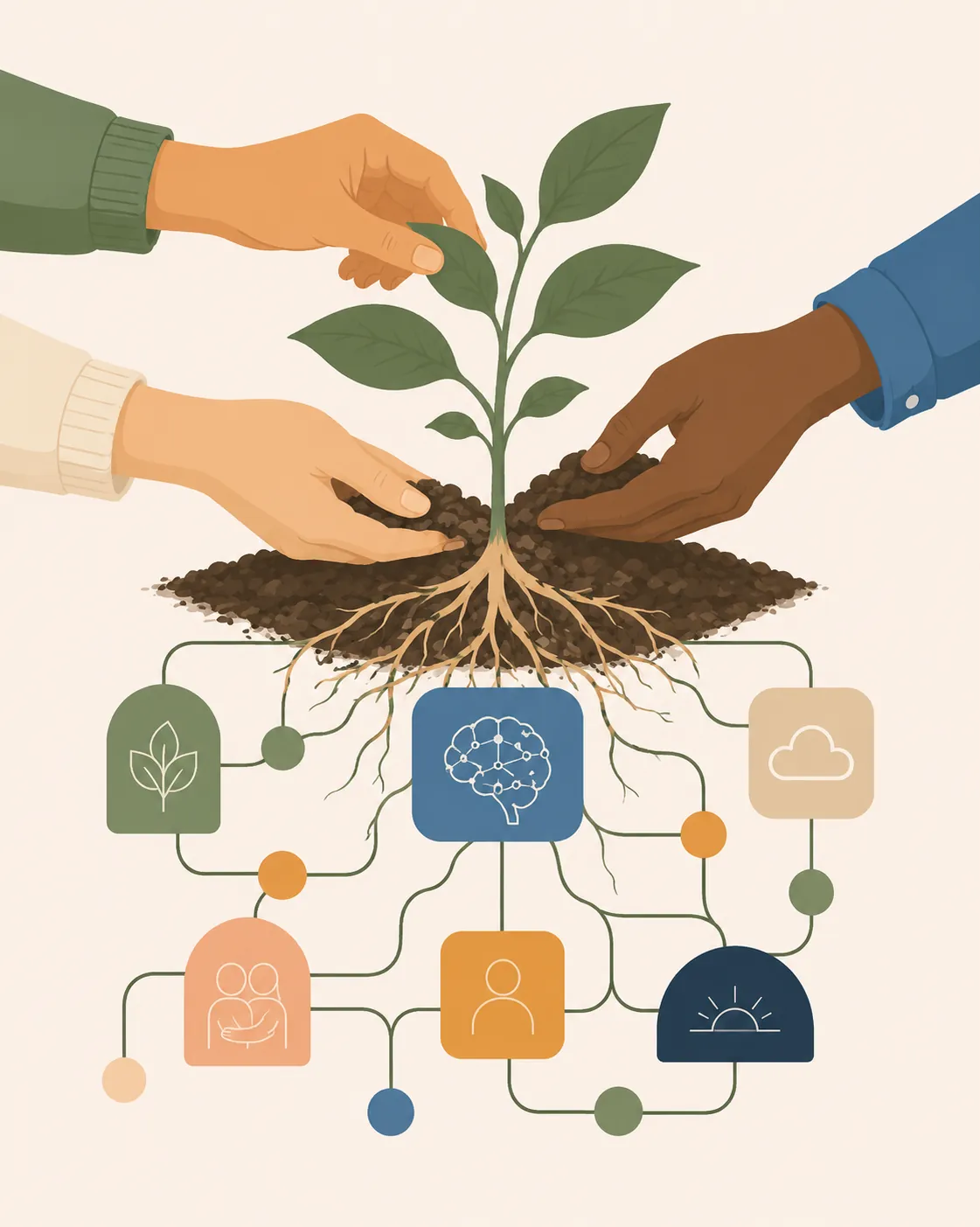 Two pairs of hands tend a young seedling whose roots branch into a connected network below the soil.