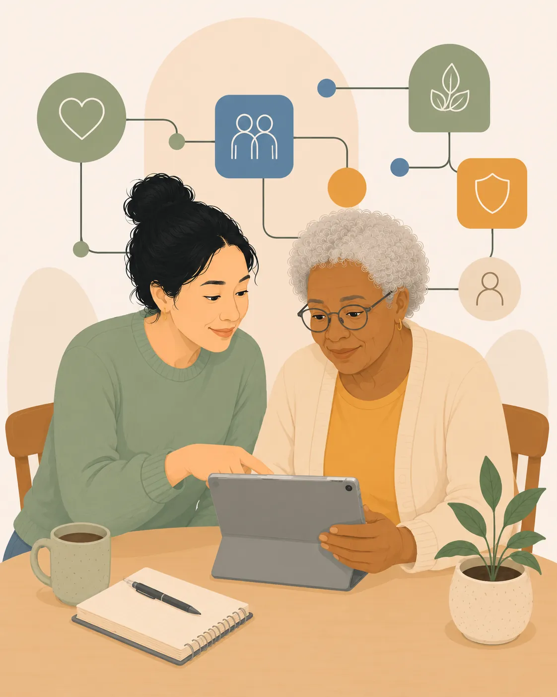 Two younger people patiently help an older woman follow along on a tablet at a table.
